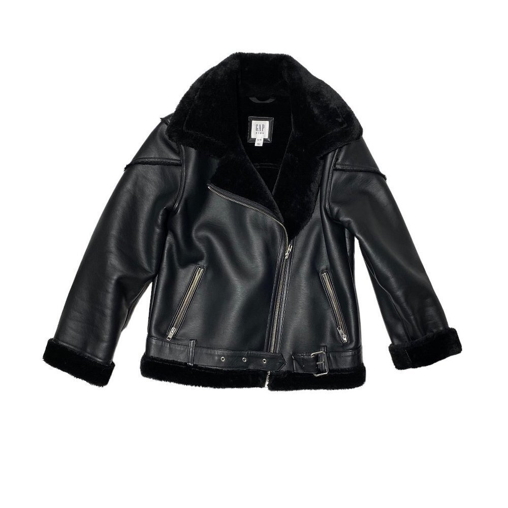 NEW Gap Kids Leather Faux Fur Lined Oversized Biker Jacket Black